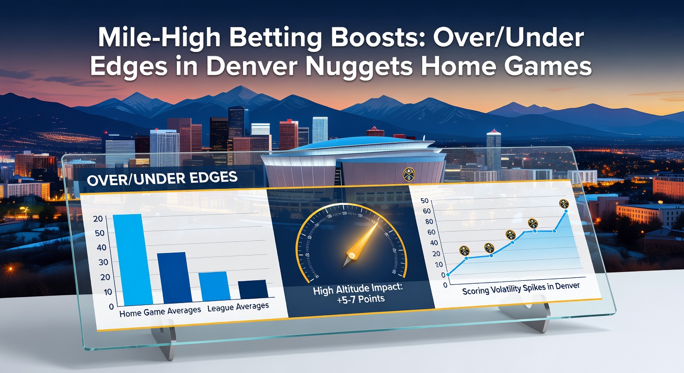Denver Nuggets players in action at Ball Arena with the Rocky Mountains in the background, highlighting the high-altitude home court advantage