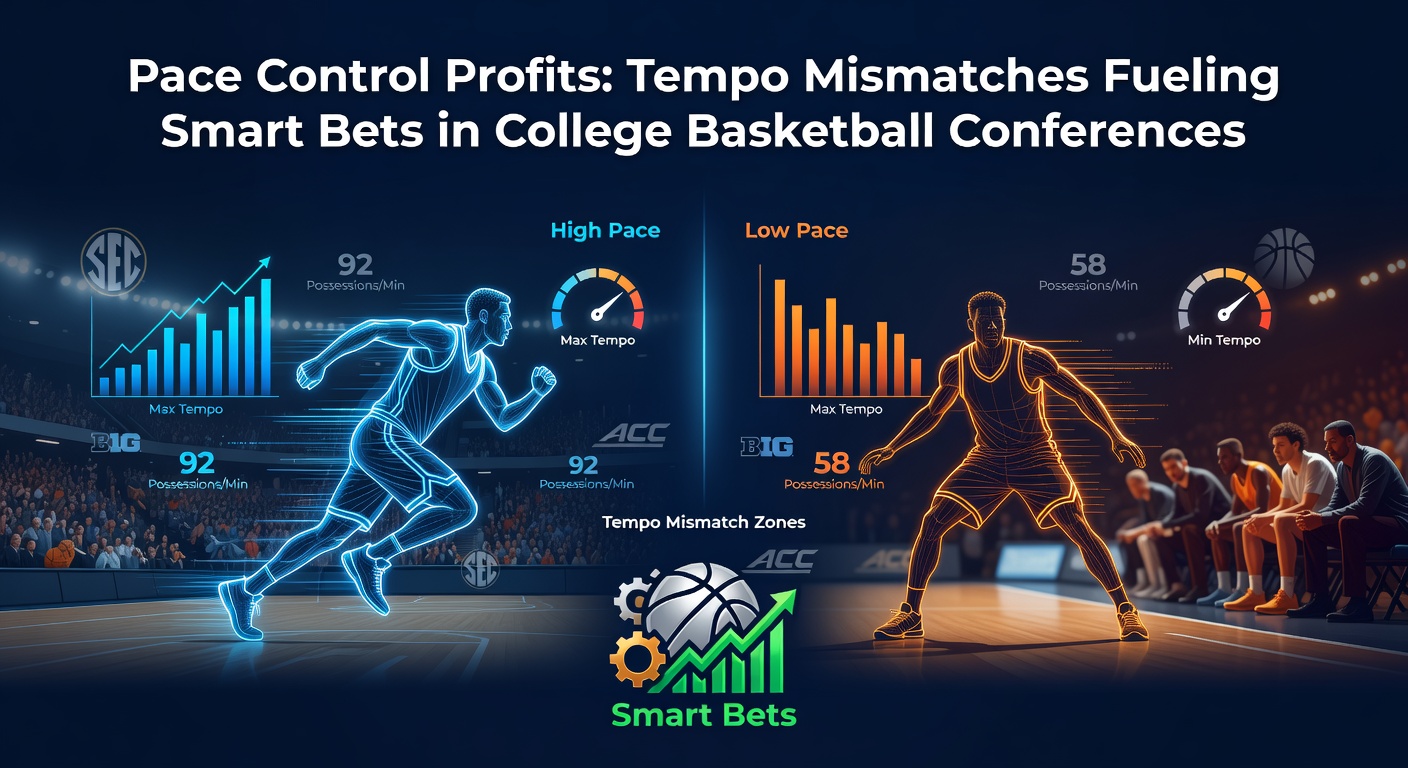 High-energy college basketball game highlighting fast-paced tempo with players sprinting down the court during a conference matchup