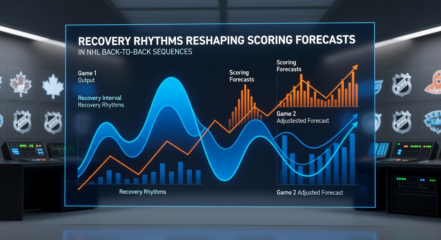 Hockey analytics dashboard displaying recovery metrics and scoring trends for NHL back-to-back games