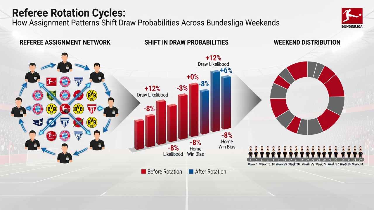 Statistical graph showing draw probability variations tied to referee experience and rotation intervals