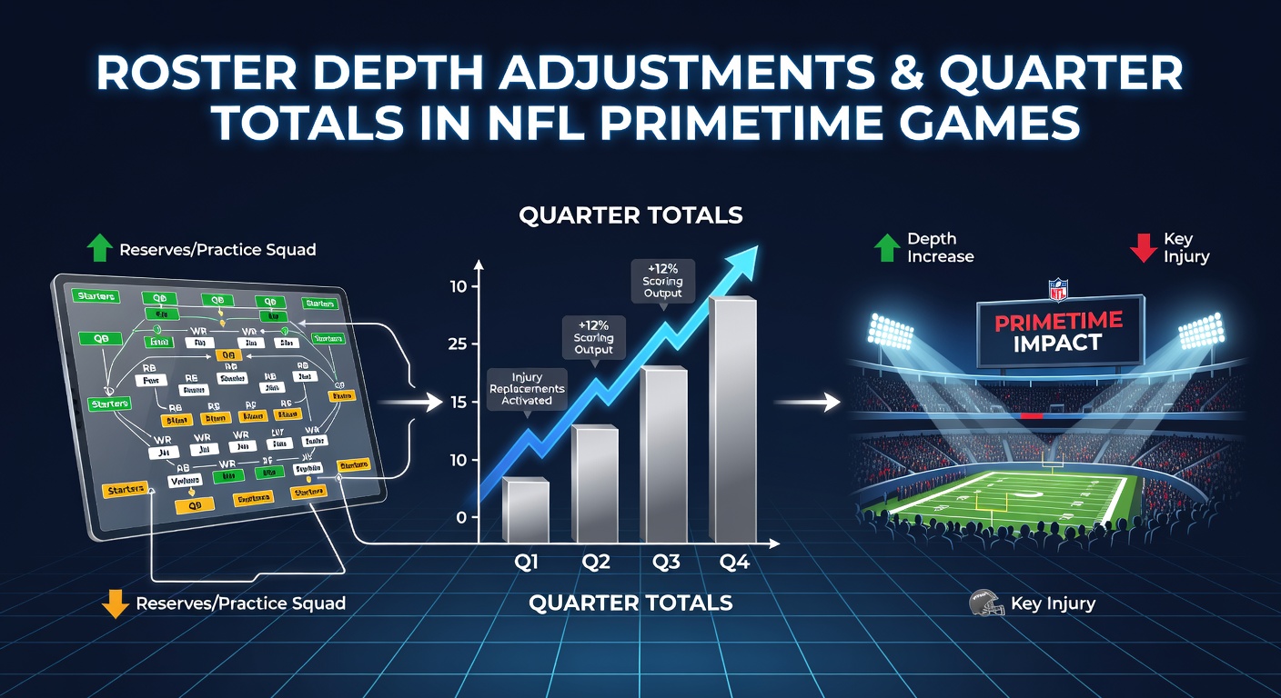 NFL players adjusting during a primetime game with roster changes visible on the sideline