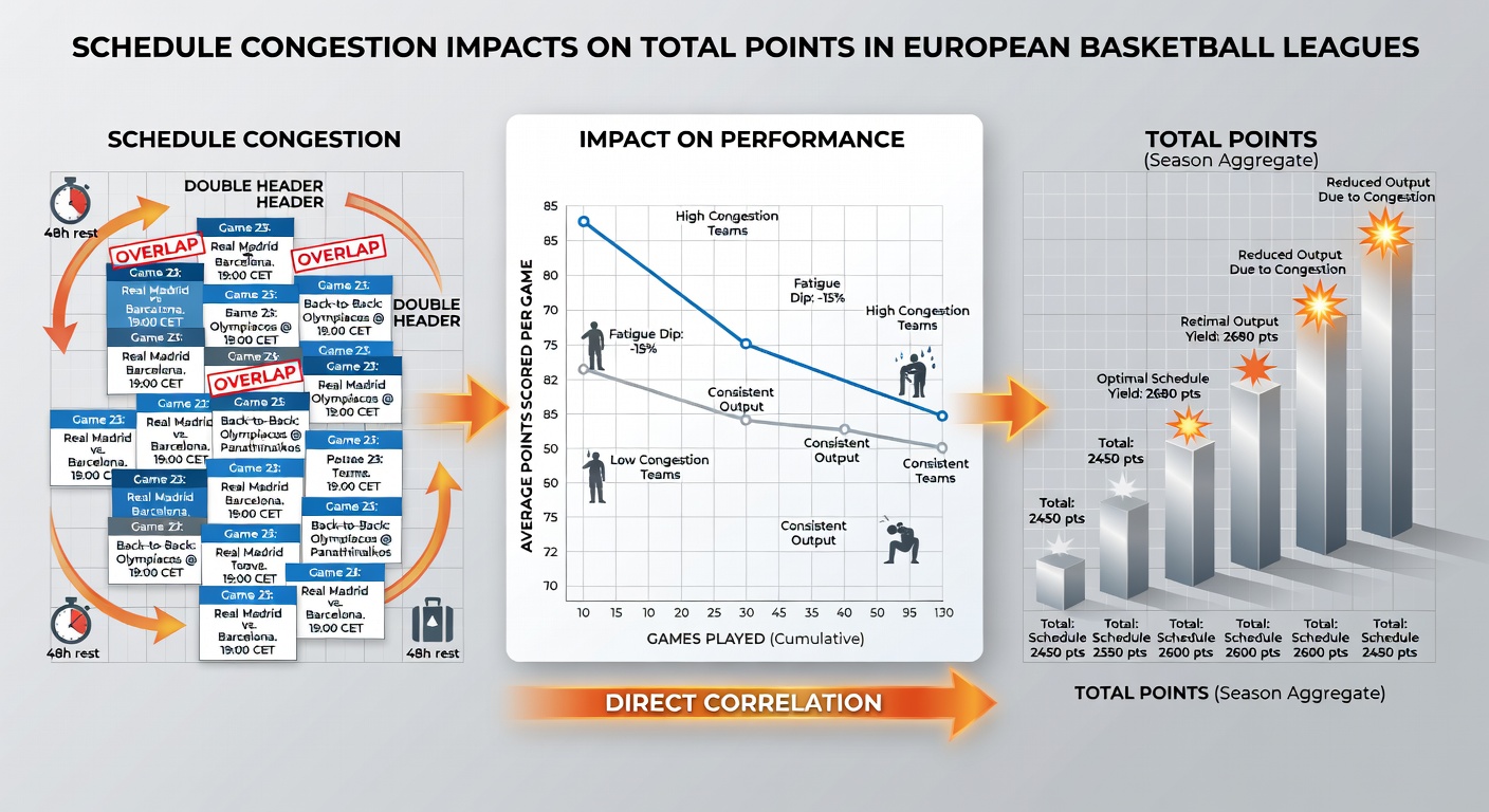 Statistical chart displaying total points trends across congested versus standard schedule periods in European basketball
