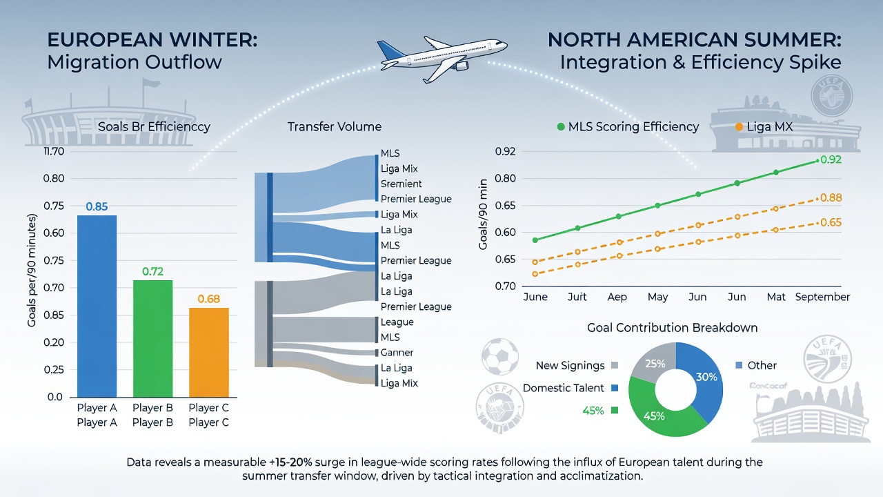 Data visualization showing goal conversion rates for transatlantic transfers over multiple seasons
