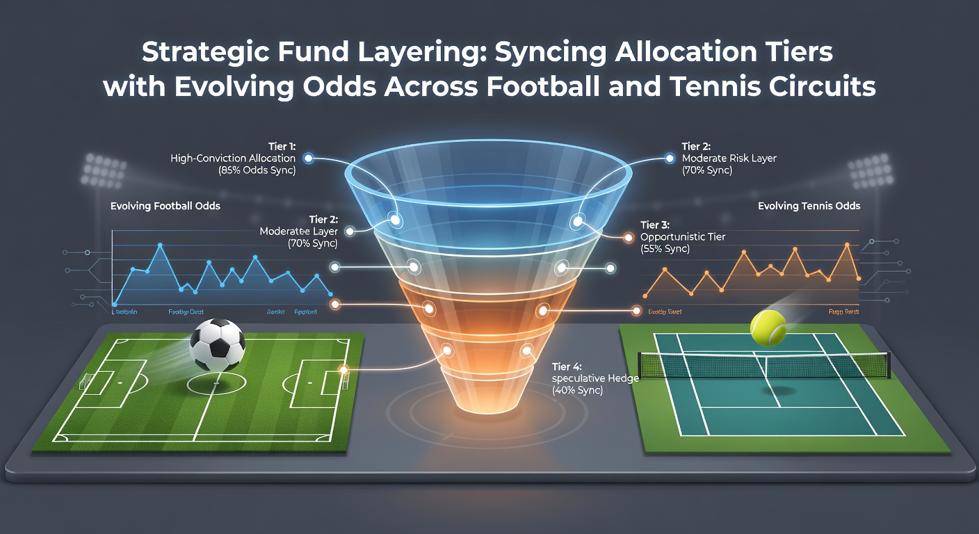 Illustration of layered fund allocation strategy across football and tennis betting markets with evolving odds charts