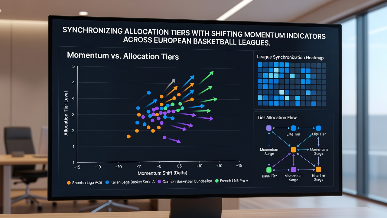Momentum indicator charts overlaid on a European basketball arena during an August 2026 preseason event