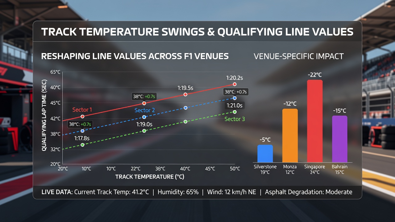 Detailed view of Formula One tire temperature sensors and track surface monitoring during a qualifying session