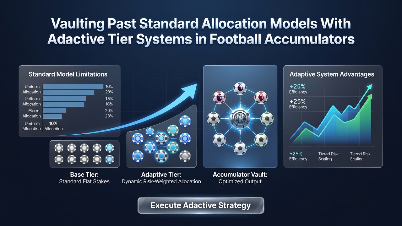 Chart comparing accumulator performance metrics between standard allocation and adaptive tier models over a six-month European football season