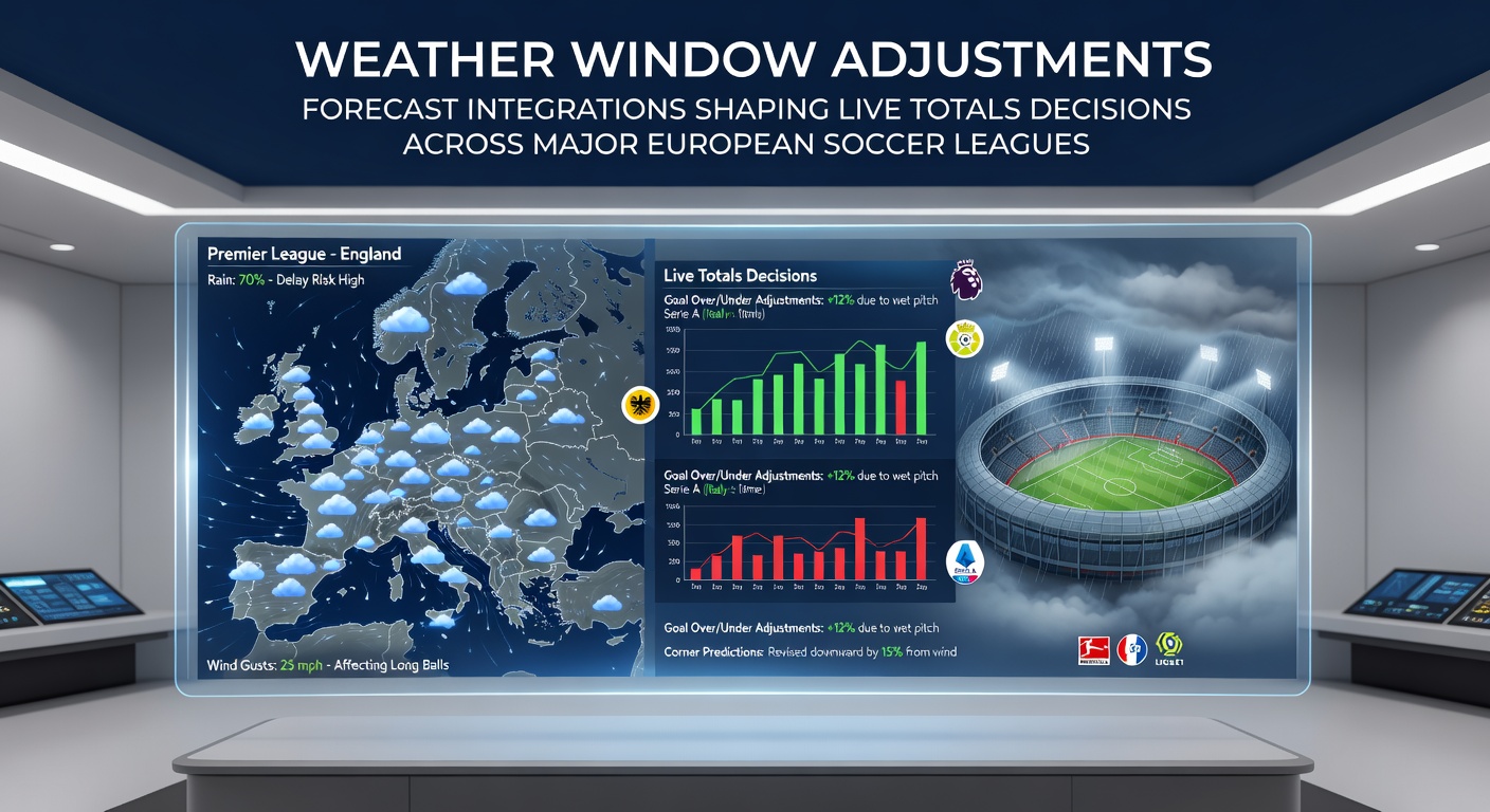 Meteorological data overlays used in live soccer totals betting across European leagues